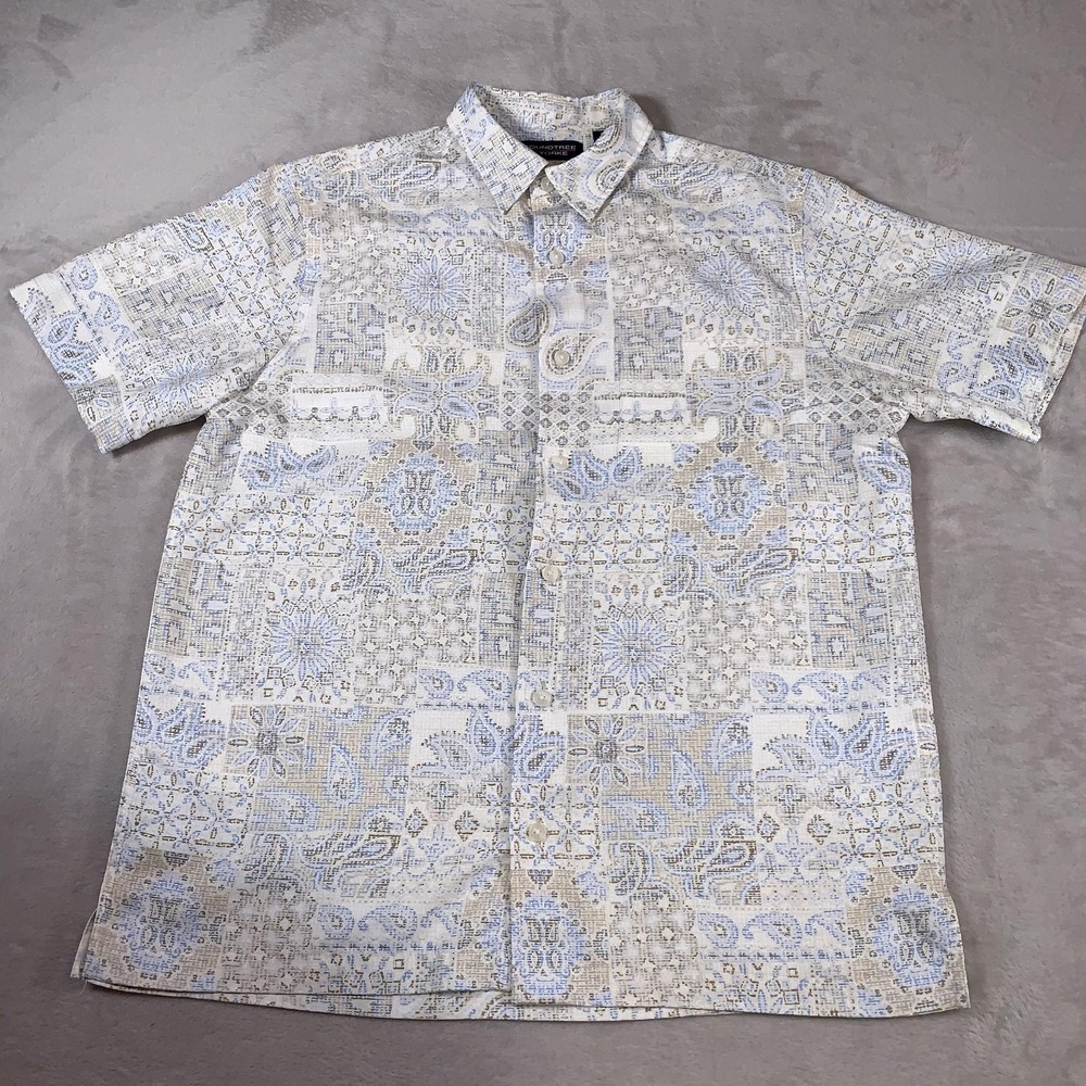 Roundtree & Yorke Shirt Mens‎ Medium Blue Tan Paisley Tile Print Short Sleeve